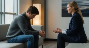 man speaking with admissions on what to do when his spouse won't admit addiction